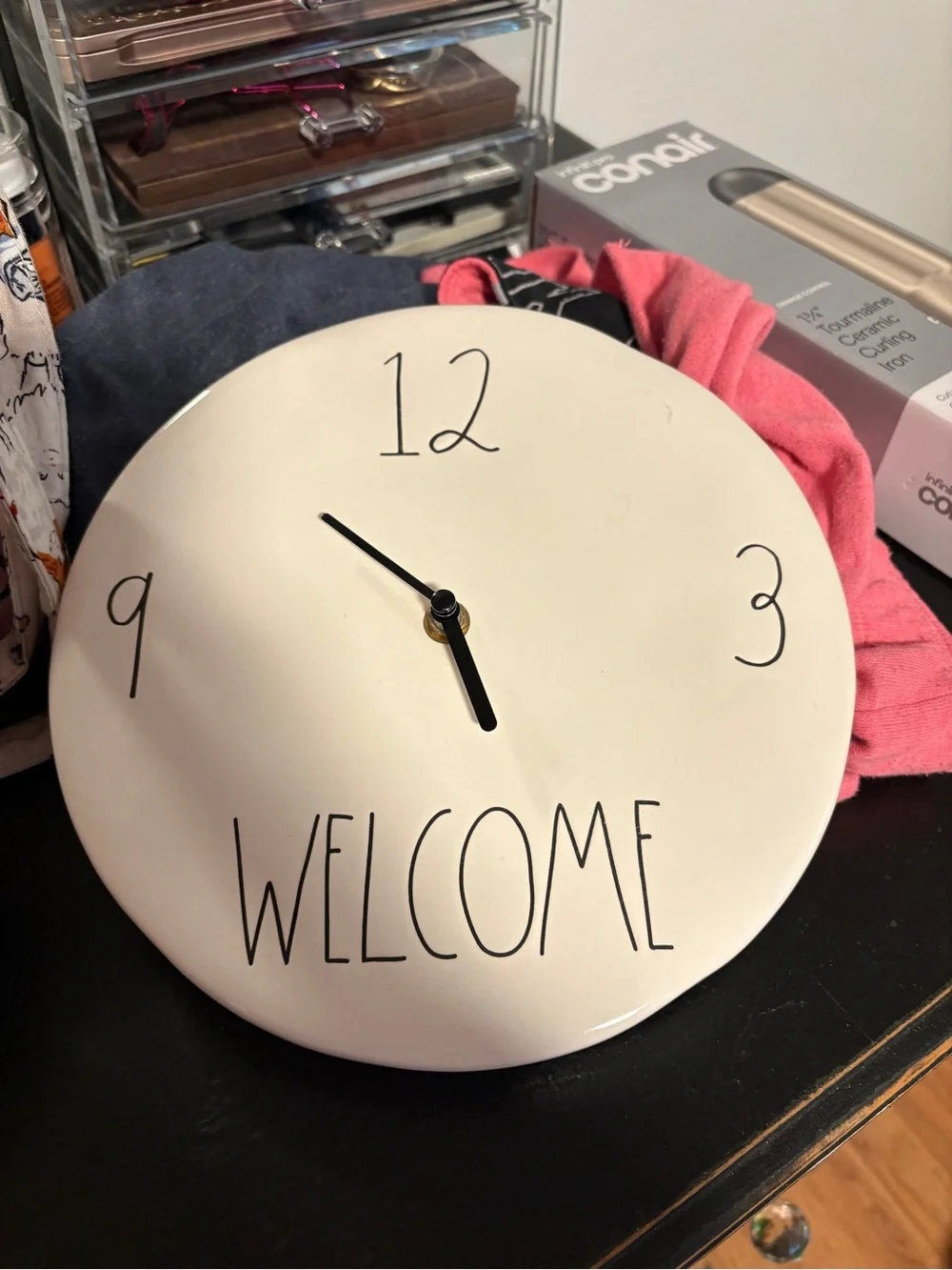 Rae Dunn White Ceramic Wall Clock with Black Lettering